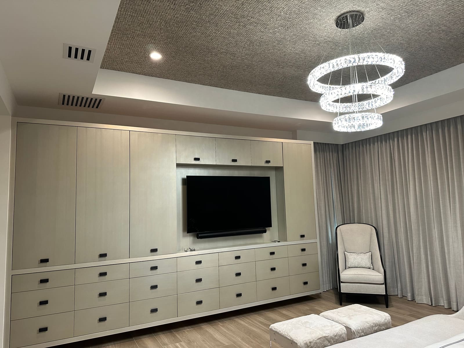 Custom media wall with built-in cabinetry