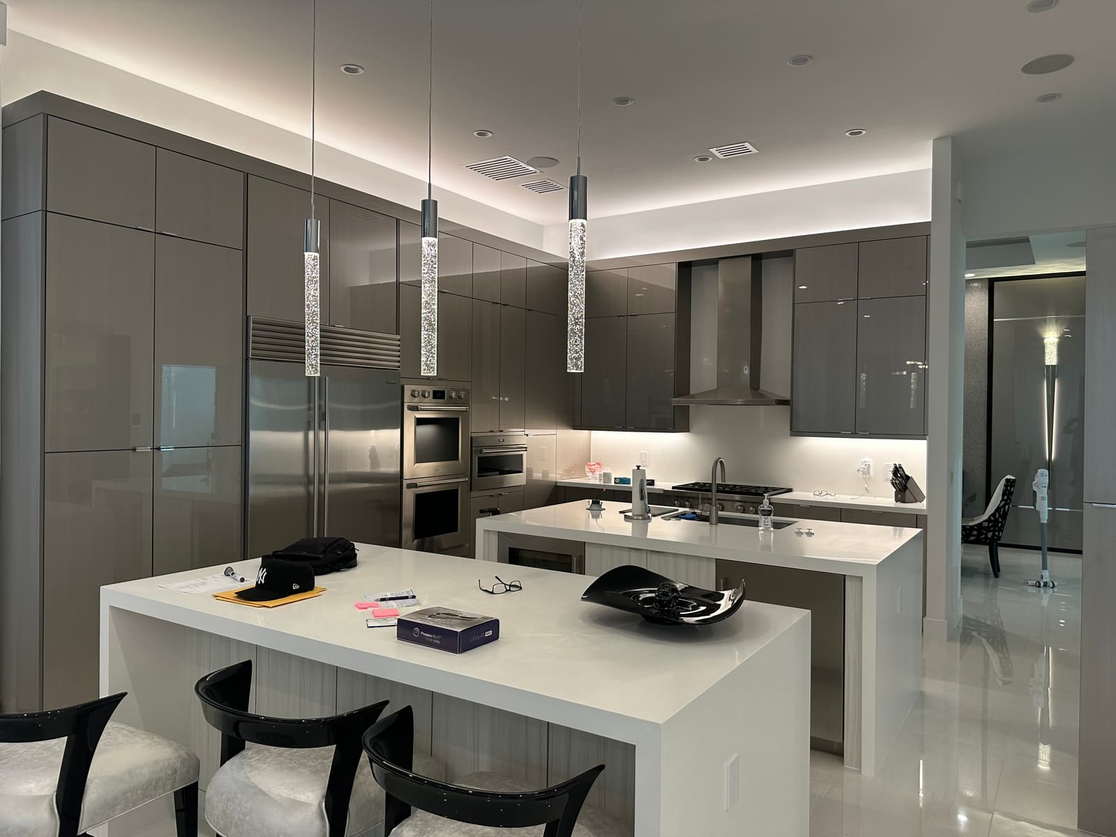 Modern kitchen with island and pendant lighting